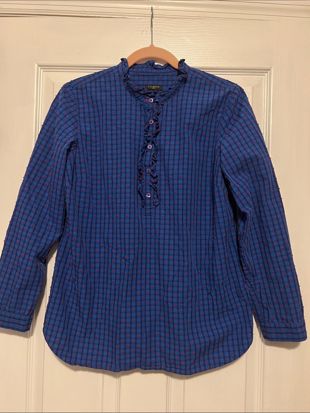 Talbots Navy and Red Checked Ruffle Henley - Picture 1 of 10
